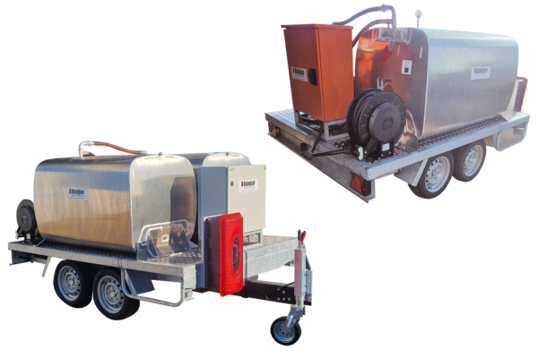 Cuve à carburant B100 sur remorque : double stockage, réservoirs en aluminium 2 x 900 L, autonomie électrique , pompe à 70 L/min, construction robuste